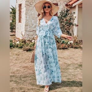 ANRABESS Floral Print Kimono Wrap V-Neck Maxi Dress Size M